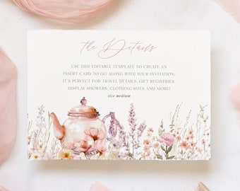 Modèle de carte de détails de douche nuptiale Tea Party, carte de détails de douche nuptiale de fleurs sauvages, détails de Tea Party, carte imprimable modifiable | EMMALINE