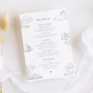 Szablon menu na baby shower Cloud 9, menu na baby shower do druku, edytowalne menu, chodźmy zjeść, białe Jesteśmy w Cloud 9 menu na baby shower | THERESA