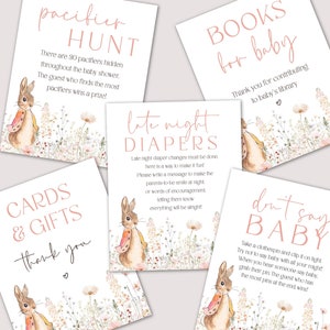 Rosa Peter Rabbit-Babypartyschilder, Ostern-Babypartyschildvorlagen, Hasen-Babypartydekor, DIY bearbeitbare Vorlage