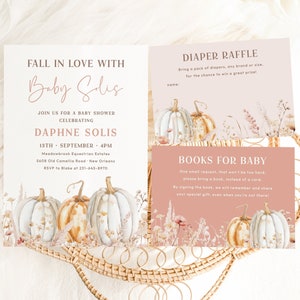 Boho Fall Baby Shower Invitation, Girl Pumpkin Baby Shower Invite Template, Edytowalny zestaw Falling in Love with Baby Shower | DAPHNE
