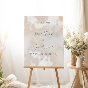Cloud 9 Baby Shower Welcome Sign Template, Beige Cloud Printable Baby Shower Decor, Editable Welcome Sign | SKYE