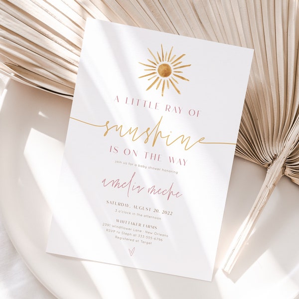 Sunshine Baby Shower Invitation, A Little Ray of Sunshine Baby Shower Invite, Girl Sun Baby Shower, Editable Boho Sunshine Baby Shower SUNNY