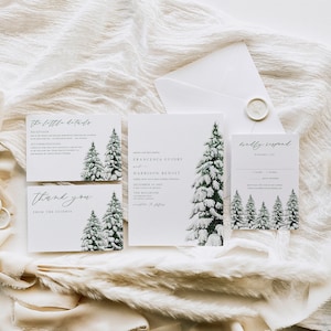 Winter Wedding Invitation Template, Editable Christmas Wedding Invitation Suite, Snowy Fir Trees Wedding Invite | JUNIPER