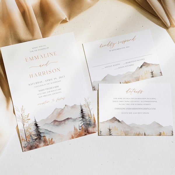 Mountain Wedding Invitation, Printable Fall Mountain Destination Wedding Invitation Template, Editable Mountain Wedding Invite | TOPANGA