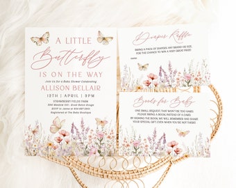 Butterfly Baby Shower Invitation Bundle, Printable Wildflower Baby Sprinkle Evite, Editable Boho Baby Shower Invite Template | EMMALINE