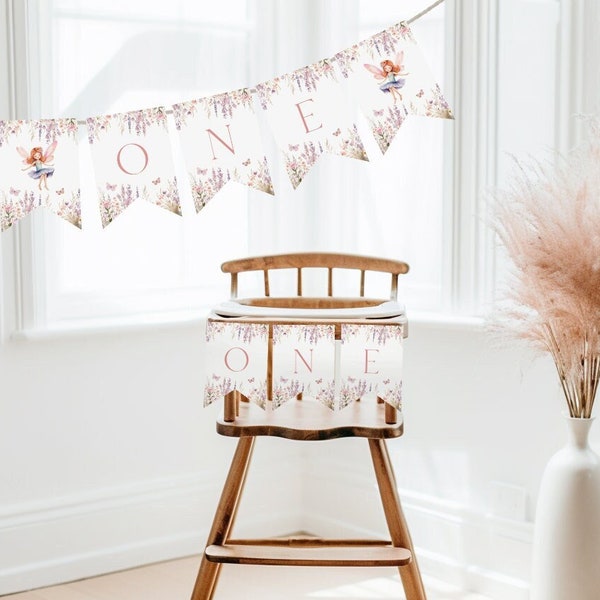 High Chair Banner Template, Fairy First Birthday High Chair Bunting Banner, Printable Wildflower Fairy 1st Birthday Decor | EMMALINE