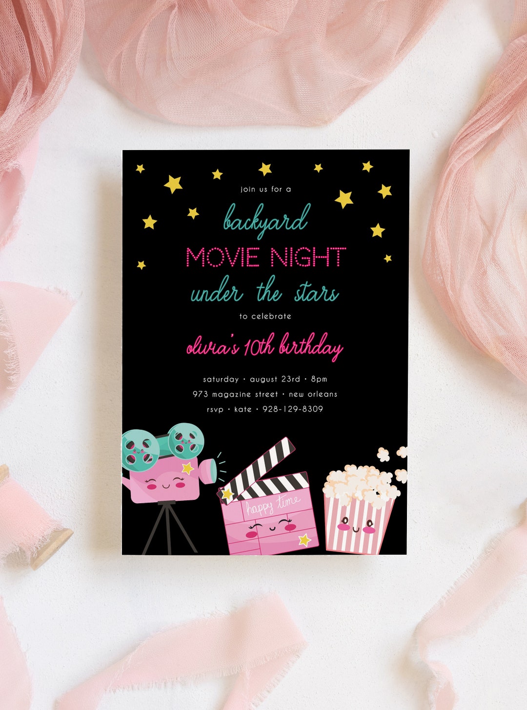 Backyard Movie Night Invitation Template Printable Girls - Etsy