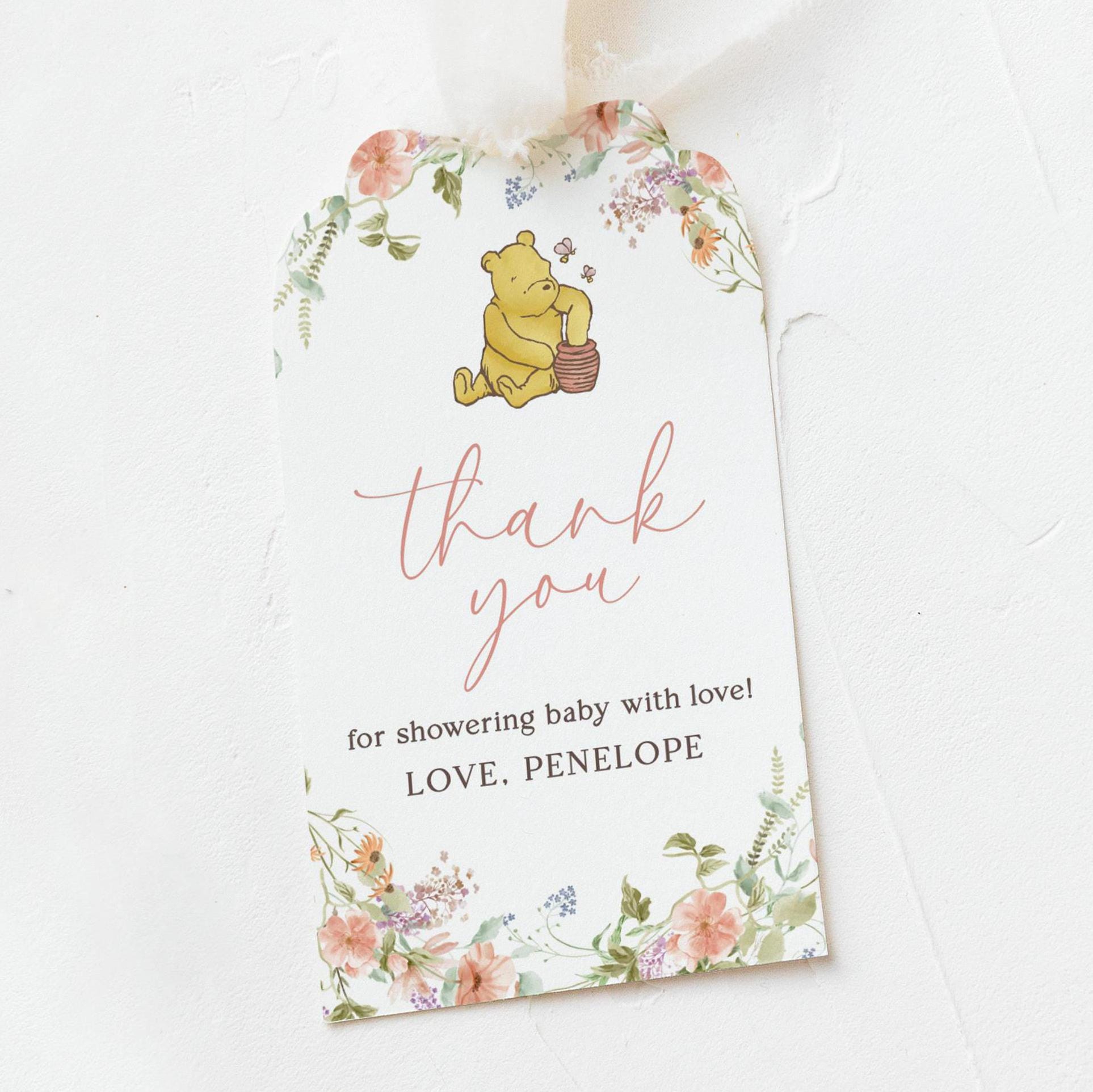 Winnie the Pooh Thank You Tag Template, Pink Winnie the Pooh Baby Shower Favor Tags, Printable Spring Pooh Bear Baby Sprinkle Gift Tags