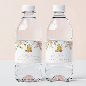 Winnie the Pooh Baby Shower Water Label Template, Pink Spring Wildflower Winnie the Pooh Baby Shower Decor