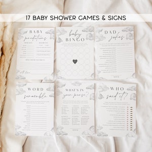 Cloud 9 Baby Shower Games, Baby Shower Bundle, Editable Cloud Nine Baby Shower Game Templates, White We&#39;re on Cloud 9 Games | THERESA