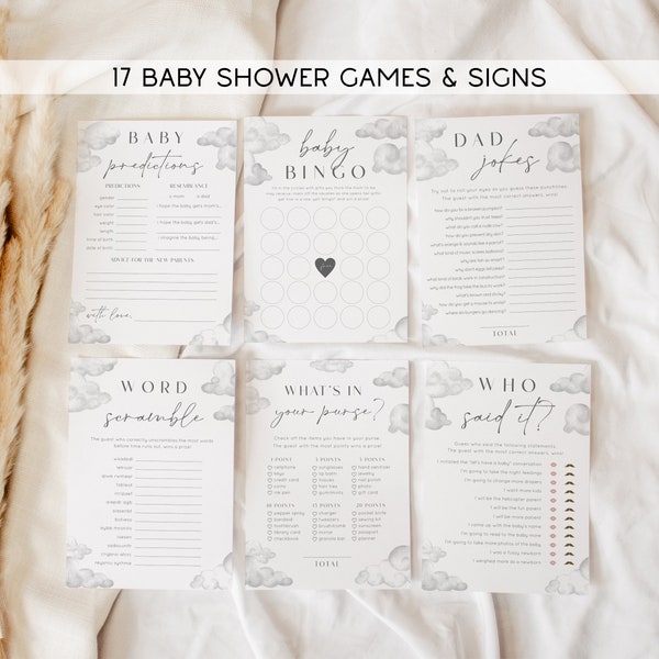 Cloud 9 Baby Shower Games, Baby Shower Bundle, Editable Cloud Nine Baby Shower Game Templates, White We're on Cloud 9 Games | THERESA