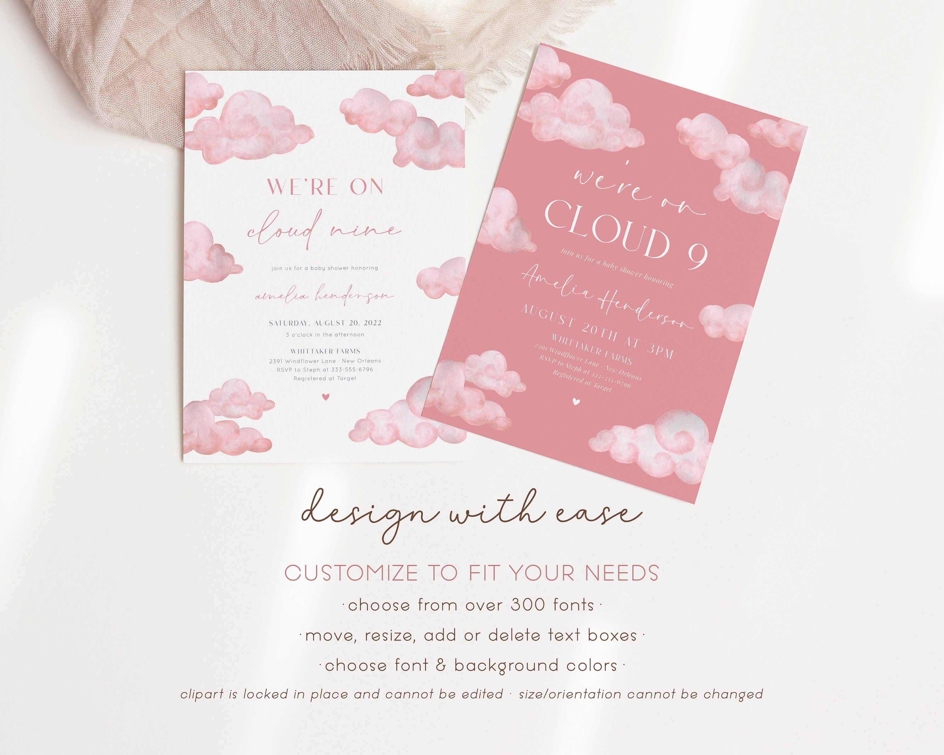Cloud 9 Baby Shower Invitation Template, Pink We're on Cloud Nine Baby