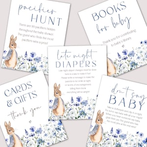 Rosa Peter Rabbit-Babypartyschilder, Ostern-Babypartyschildvorlagen, Hasen-Babypartydekor, DIY bearbeitbare Vorlage