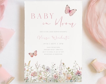 Baby in Bloom Invitation Template, Printable Wildflower Baby Shower Invitation, Editable Butterfly Baby Shower Invitation, Evite | VANESSA
