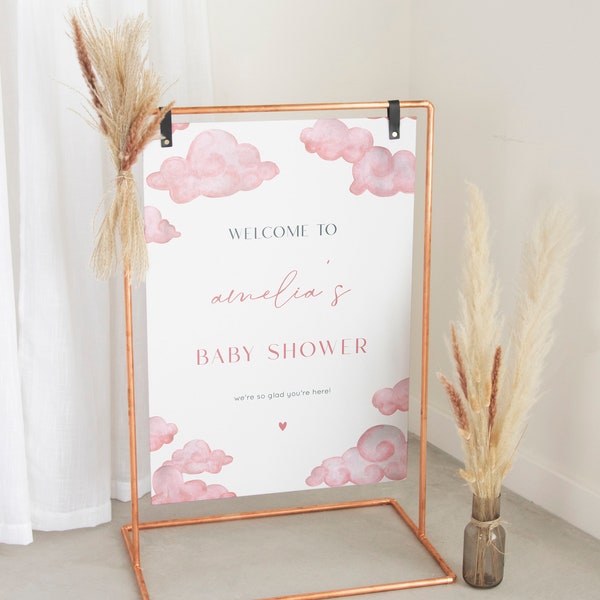 Cloud 9 Baby Shower Welcome Sign Template, Pink Cloud Printable Baby Shower Decor, Editable Welcome Sign | THERESA