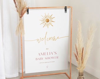 Little Sunshine Welcome Sign Template, Printable Baby Shower Welcome Sign, Modern Boho Sunshine Baby Shower Decor | SUNNY