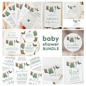 Ensemble baby shower chasse, ensemble baby shower Little Hunter, faire-part éditable, modèles pour jeux de baby shower et décoration Hunter | Beau