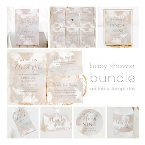 Cloud 9 Baby Shower Bundle, Cloud Nine Baby Shower Invitation Kit, Modern Beige Cloud Baby Shower Editable Templates Instant Download | SKYE