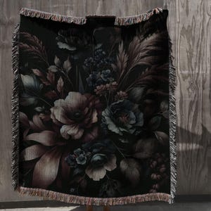 Cottagecore Flower Woven Fringe Blanket, Moody Dramatic Baroque Gift for Artist, Wall Tapestry Throw, Dark Floral Romance Bed Cover Decor