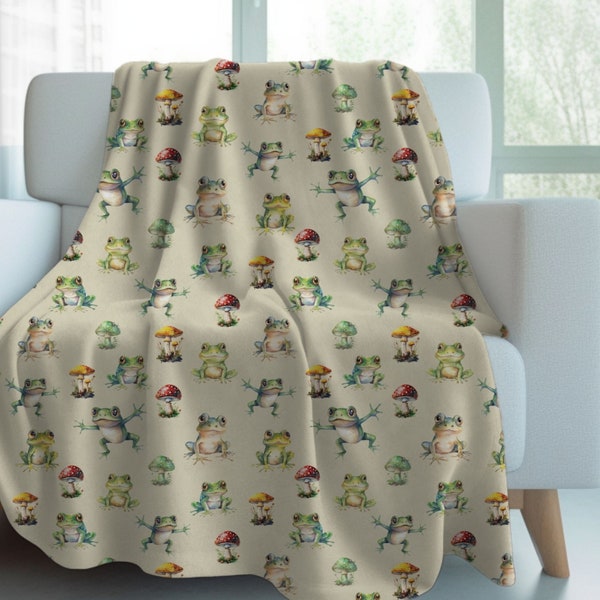 Frog Mushroom Velveteen Minky Blanket, Nature Inspired Gift for Frog Lover, Cottagecore throw blanket for Fall home decor for couch or chair