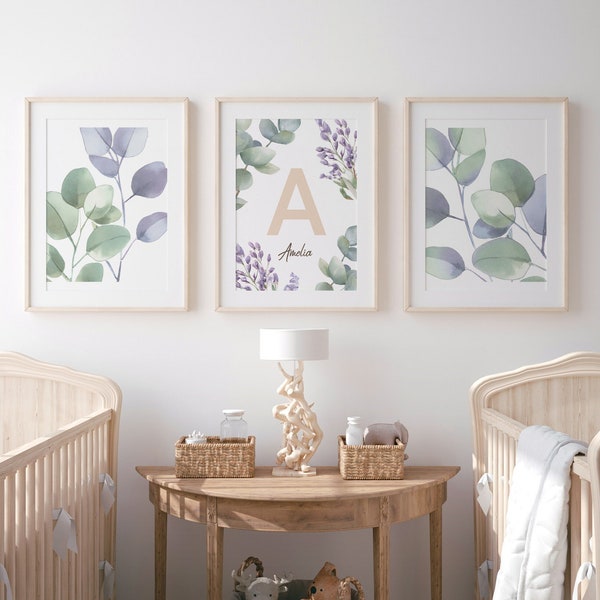 Custom Watercolor prints, Baby Nursery Wall Art, Eucalyptus and Lavender Flowers, Modern Boho Floral Decor, Personalized Initial Art