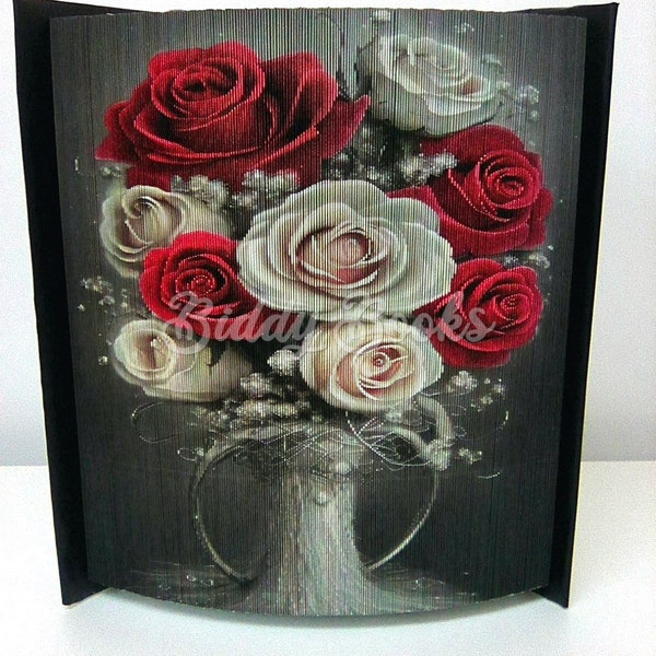 Red Roses Vase - Photo Strip, Fore-edged Pattern , Book Art , Cut and Fold