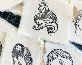 Sew On Linocut Patches Crow, Dragon, Winged Lion, and Greek Goddess