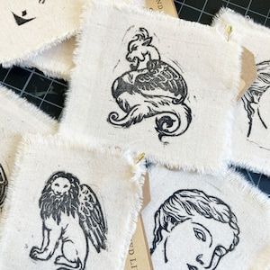 Sew On Linocut Patches Crow, Dragon, Winged Lion, and Greek Goddess
