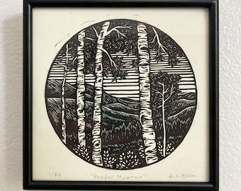 Grabado en linóleo de edición limitada - Powder Mountain - Impresión de paisaje hecha a mano de 10 x 10 cm