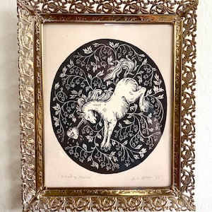 Bleeding Hearts - Handmade Linocut Print - Medieval Unicorn Original Art