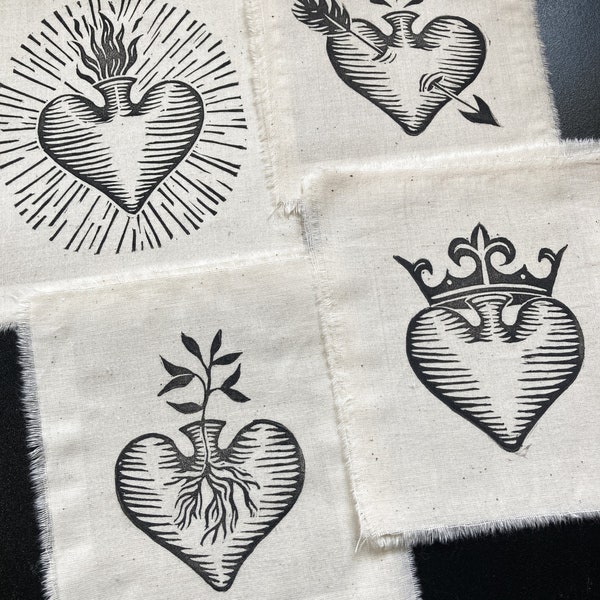 Heart Collection Sew On Linocut Patches- Sacred Heart, Arrow Heart, Crowned Heart, Sprouting Heart