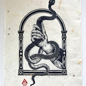 Hand Carved Linocut Print - “Prudence” - Original Snake Art