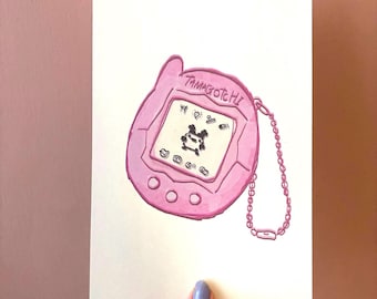 Tamagotchi Print A5 A4 - Illustration Druck Rosa Wandkunst