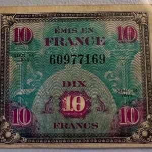 WW2 France Military Currency 10 Francs From 1944