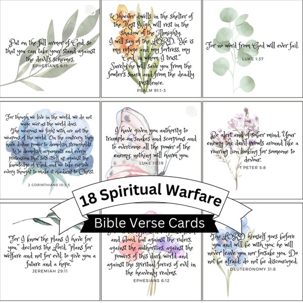 20 Bible Verses Spiritual Warfare | Bible Verse Notecards | Scripture Memorization | Bible journaling | Watercolor Floral | Christian Gift