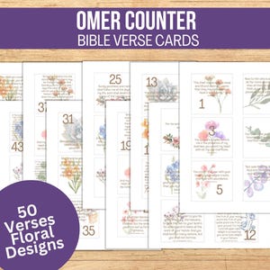 Könnte beinhalten: Ein Satz von 50 druckbaren Karten mit Blumenmustern und Bibelversen für einen Omer-Zähler. Die Karten sind von 1 bis 50 nummeriert und zeigen eine Vielzahl von Blumenillustrationen.