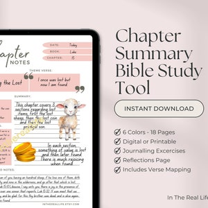 May include: A digital printable Bible study tool with a pink background and a white lamb illustration. The title is "Chapter Summary Bible Study Tool". The text "Instant Download" is on a button. The text "6 Colors - 18 Pages", "Digital or Printable", "Journaling Exercises", "Reflections Page", and "Includes Verse Mapping" are listed with checkmarks. The text "In The Real Life Ministries" is at the bottom of the page.