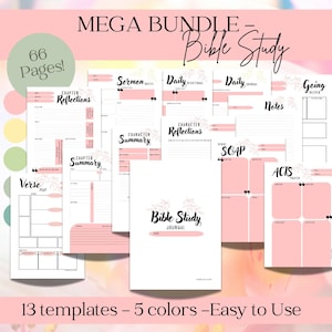 May include: A digital printable bundle of 13 Bible study templates in 5 colours. The templates include sections for chapter reflections, sermon notes, daily devotional, verse map, character summary, SOAP, ACTS, and going deeper. The text "66 Pages!" and "MEGA BUNDLE - Bible Study" is visible in the image.