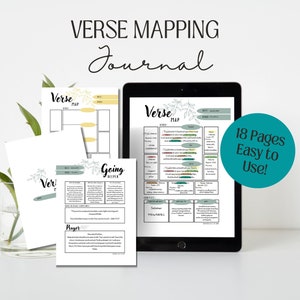 May include: A digital tablet displaying a printable journal with the title "Verse Mapping Journal". The journal has 18 pages and is easy to use. The journal is designed to help people map out verses from the Bible.
