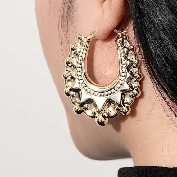 Victorian 18k Gold Filled Long Oval Spiked Gypsy Creole 50mm