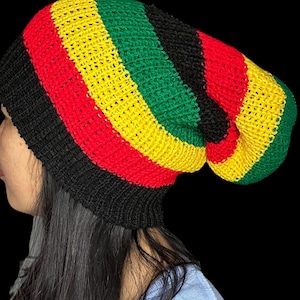 Rasta Hat for Dreadlocks – Jamaican Reggae Beanie with Rasta Stripes | Black, Red, Yellow, Green Slouch Hat | Unisex One Size Ski Hat