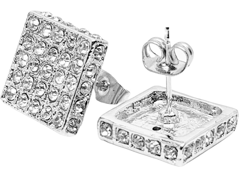 thumbnail interactive-video image 1 of Tsv Jewelers Men's Round Flower Cluster 925 Sterling Silver Iced Cz Stud Earrings – White Gold Plated, Screw Back 1 of 3