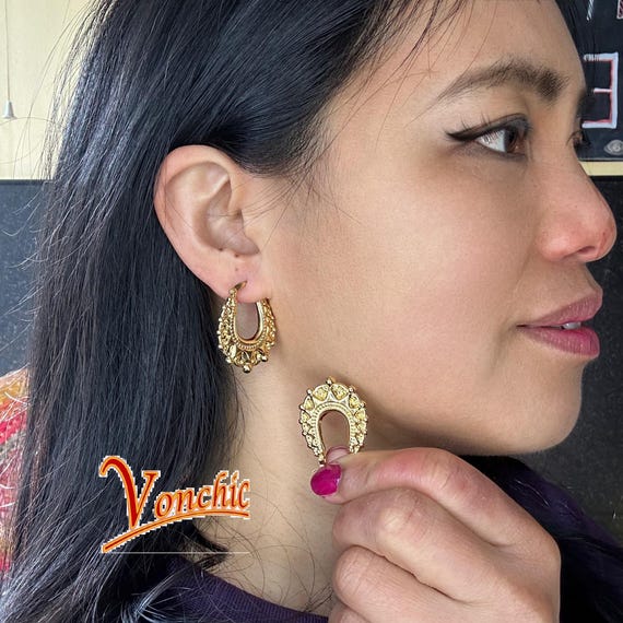 Victorian 18k Gold Filled Long Oval Spiked Gypsy Creole 50mm