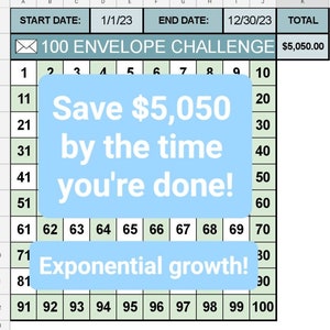 May include: A spreadsheet with a green and white grid showing a 100 Envelope Challenge. The spreadsheet has a start date of 1/1/23 and an end date of 12/30/23. The total amount to be saved is $5,050.00. A blue box with white text says "Save $5,050 by the time you're done!" and another blue box with white text says "Exponential growth!"
