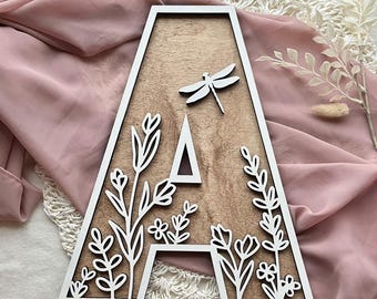 Wooden Name Letter Wall Decor for Nursery Wall Art for Baby Room Decoration Floral Design Custom Initial Wood Sign for Bedroom Wall Letter