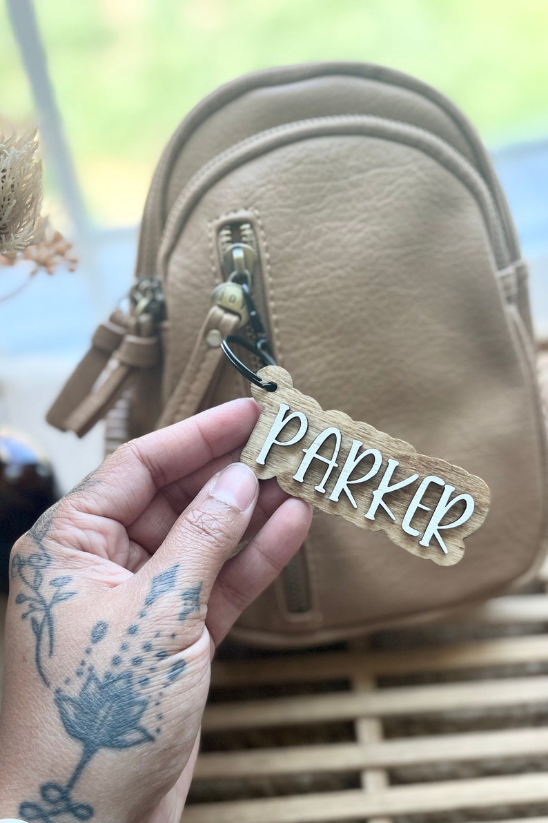 May include: A light brown leather backpack with a wooden name tag that says "Parker" attached to it.