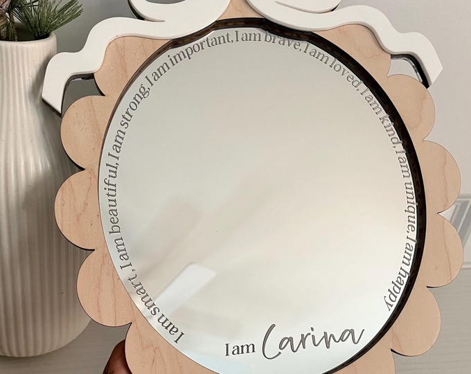 Personalized Affirmation Mirror Wooden Frame Scallop Design Nursery Decor Toddler Room Wall Art Self Esteem Gift Idea Birthday Present Ready