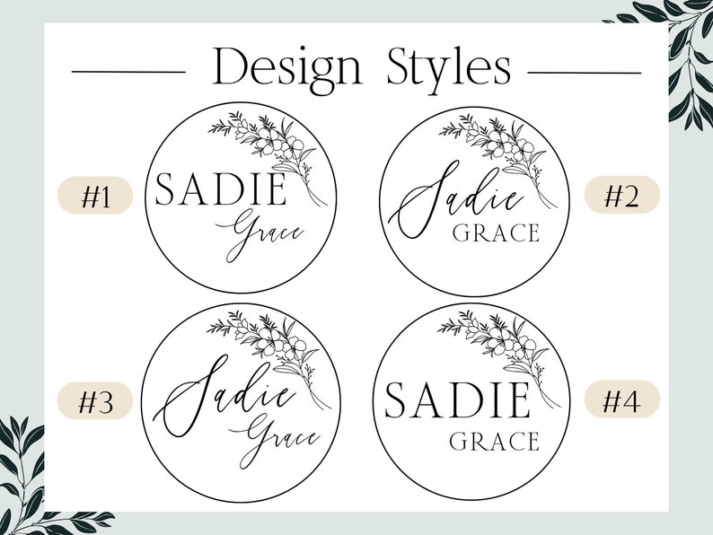 K&ouml;nnte beinhalten: Vier verschiedene Designstile f&uuml;r ein Logo mit dem Namen Sadie Grace und einem floralen Design. Das erste Design zeigt den Namen in Gro&szlig;buchstaben mit dem Wort Grace darunter. Das zweite Design zeigt den Namen in Kursivschrift mit dem Wort Grace darunter. Das dritte Design zeigt den Namen in Kursivschrift mit dem Wort Grace darunter. Das vierte Design zeigt den Namen in Gro&szlig;buchstaben mit dem Wort Grace darunter.