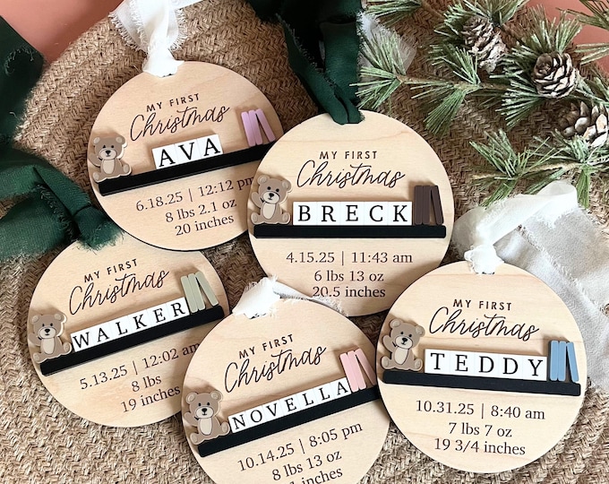 Baby Christmas Ornament Teddy Bear Wooden Design Custom Keepsake Birth Announcement Personalized Gift Holiday Memento Heirloom Quality