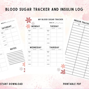 Blood Sugar Tracker for Diabetes, Insulin Tracker, Weekly Tracker, Instant Download, Printable PDF